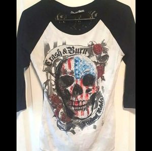 Crash & Burn Skull 3/4 Length Lace Back T-Shirt